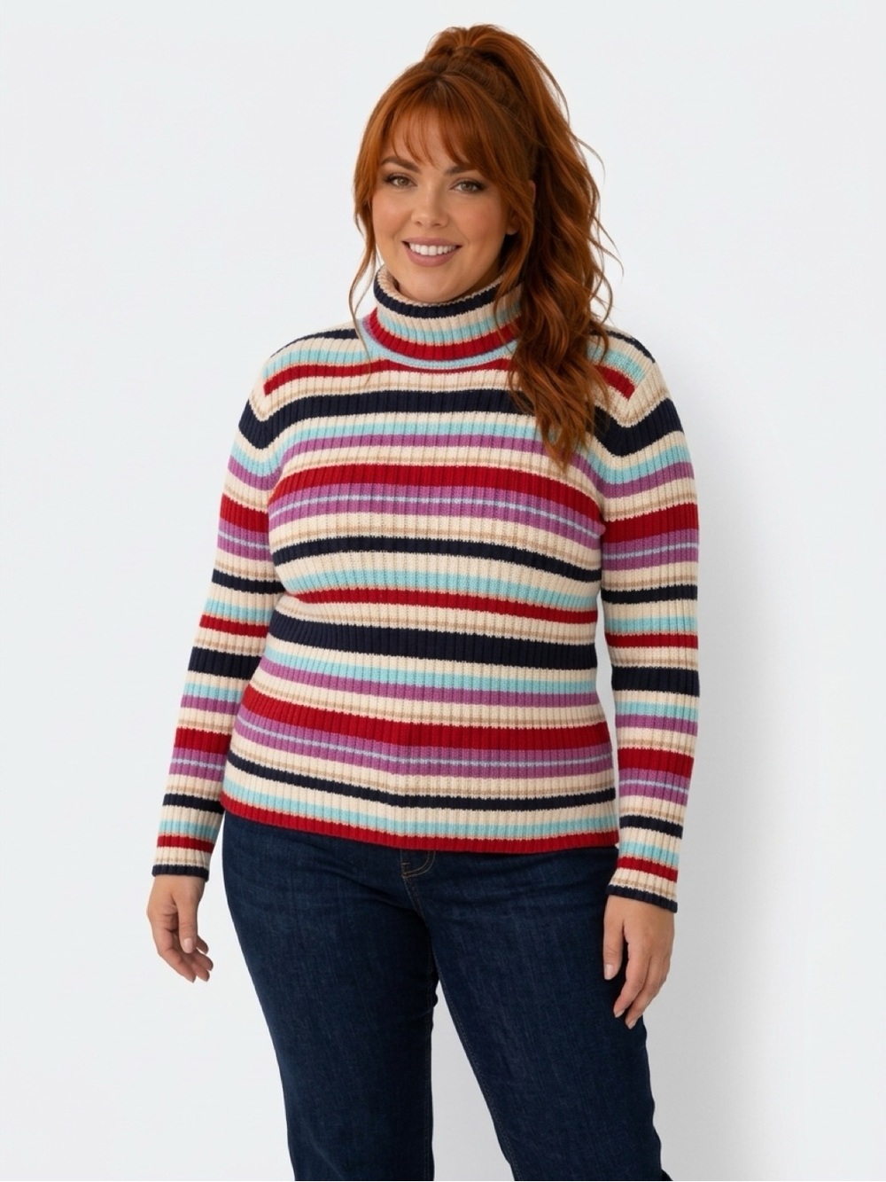 Cherokee Multicolor Striped Turtleneck Sweater - Cream, Navy, Red, Pink, Aqua